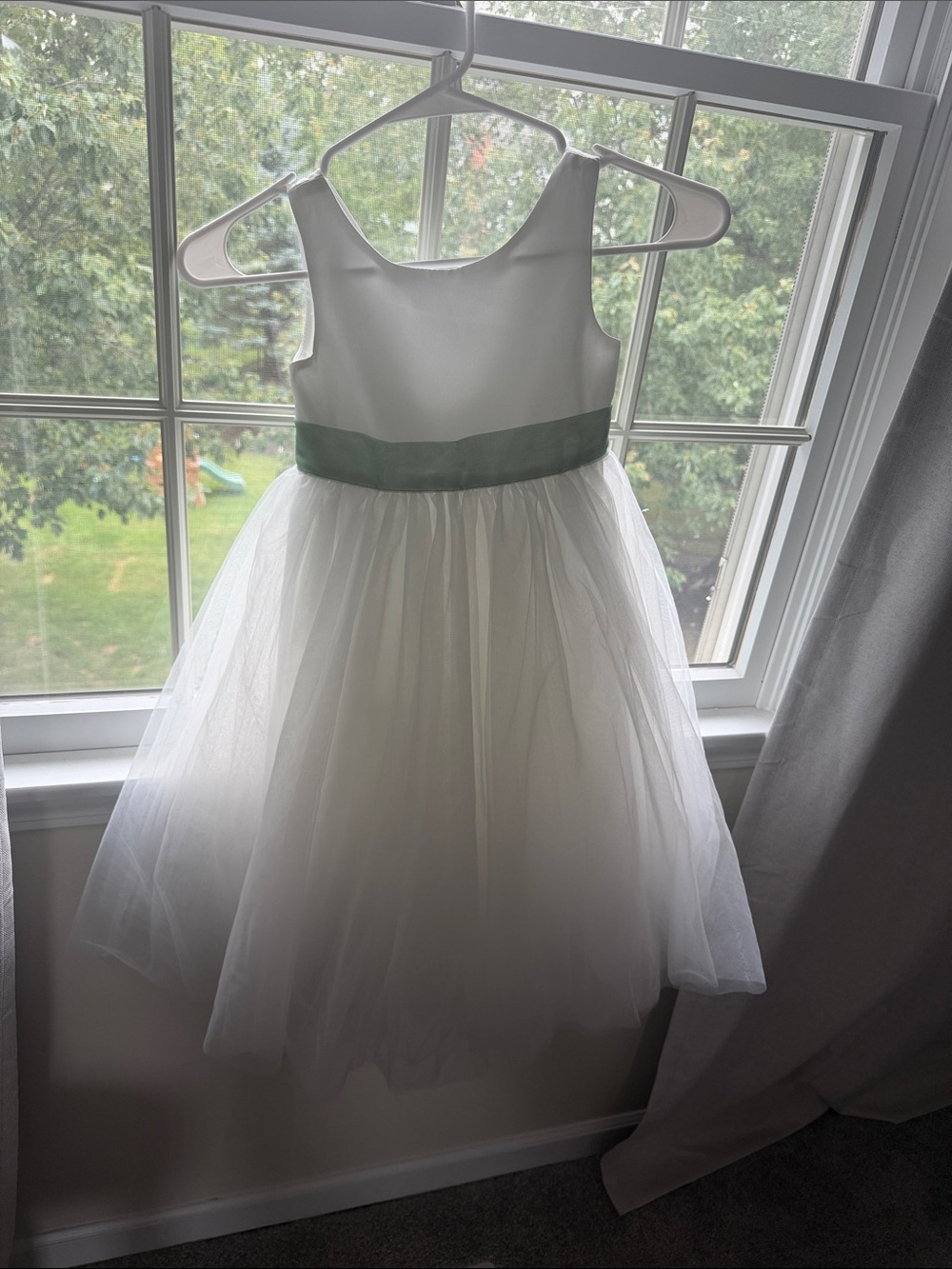 Azazie White Tulle Flower Girl Dress with Sage Sash